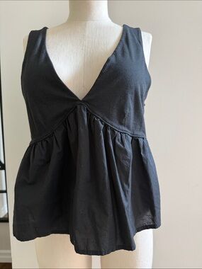 Women's Nation LTD Med Anthropologie Black V-Neck Peplum Tank Top Cotton Poplin
